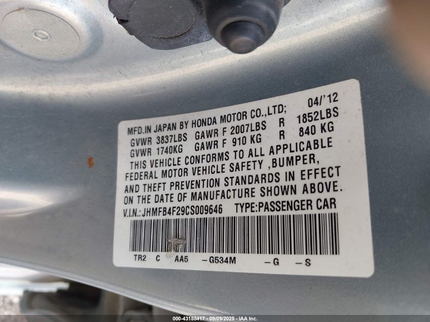2012 Honda Civic Hybrid VIN: JHMFB4F29CS009646 Lot: 43188417