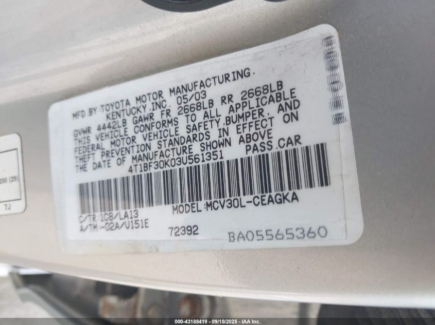 2003 Toyota Camry Xle V6 VIN: 4T1BF30K03U561351 Lot: 43188419