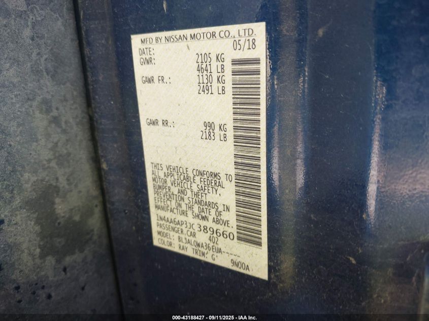 2018 Nissan Maxima 3.5 S VIN: 1N4AA6AP3JC389660 Lot: 43188427