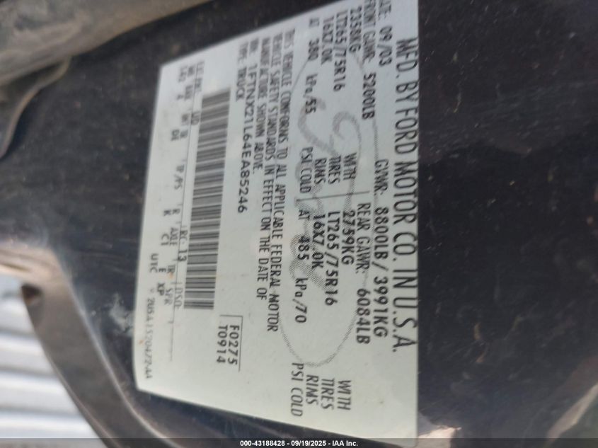 2004 Ford F-250 Lariat/Xl/Xlt VIN: 1FTNX21L64EA85246 Lot: 43188428