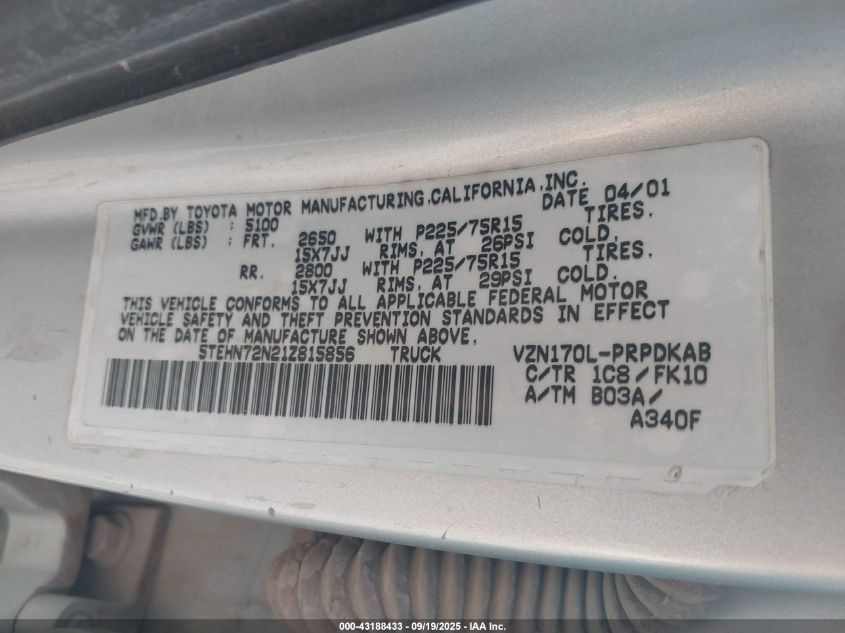 2001 Toyota Tacoma Double Cab VIN: 5TEHN72N21Z815856 Lot: 43188433
