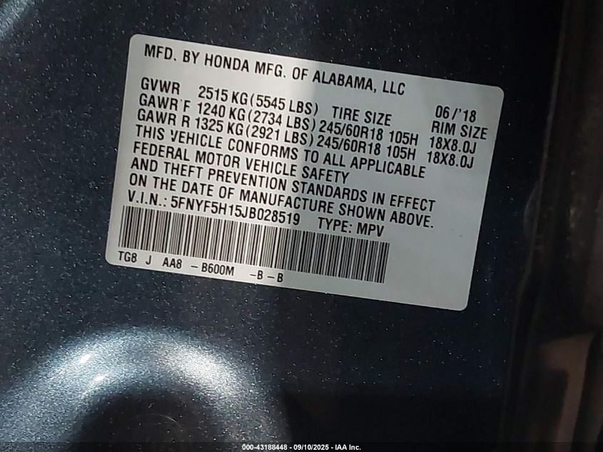 2018 Honda Pilot Lx VIN: 5FNYF5H15JB028519 Lot: 43188448