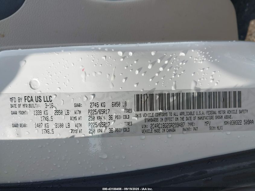 2016 Chrysler Town & Country Touring VIN: 2C4RC1BG2GR299487 Lot: 43188456
