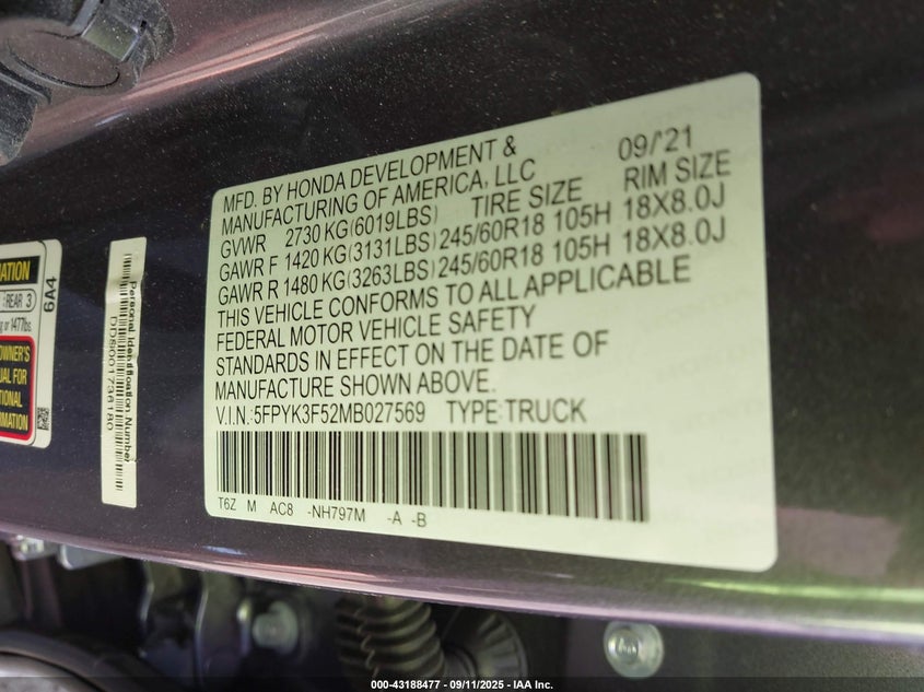 2021 HONDA RIDGELINE AWD RTL - 5FPYK3F52MB027569