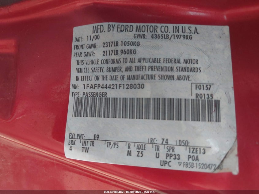 2001 Ford Mustang VIN: 1FAFP44421F128030 Lot: 43188482
