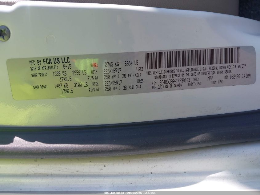 2015 Dodge Grand Caravan Se VIN: 2C4RDGBG4FR730183 Lot: 43188533