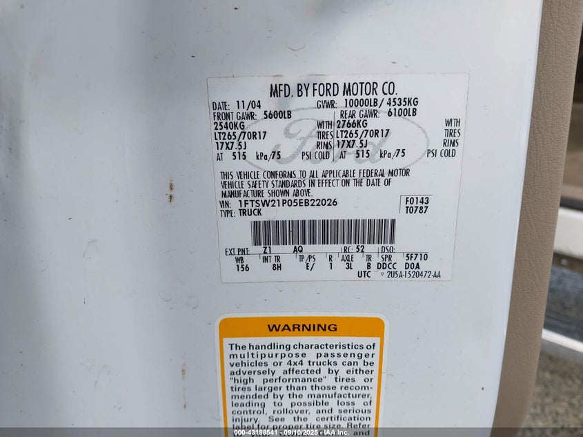 2005 Ford F-250 Lariat/Xl/Xlt VIN: 1FTSW21P05EB22026 Lot: 43188541