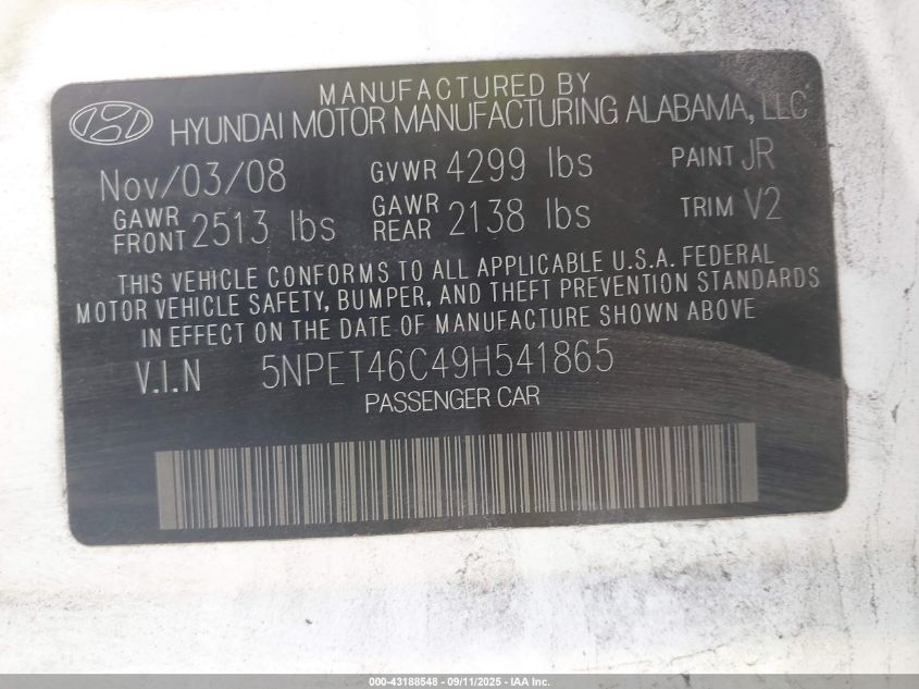 2009 Hyundai Sonata Gls VIN: 5NPET46C49H541865 Lot: 43188548