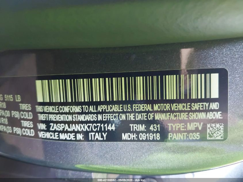 2019 Alfa Romeo Stelvio Rwd VIN: ZASPAJANXK7C71144 Lot: 43188552