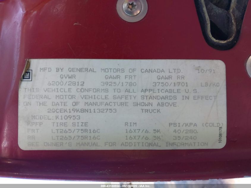 1992 Chevrolet Gmt-400 K1500 VIN: 2GCEK19K8N1132753 Lot: 43188554