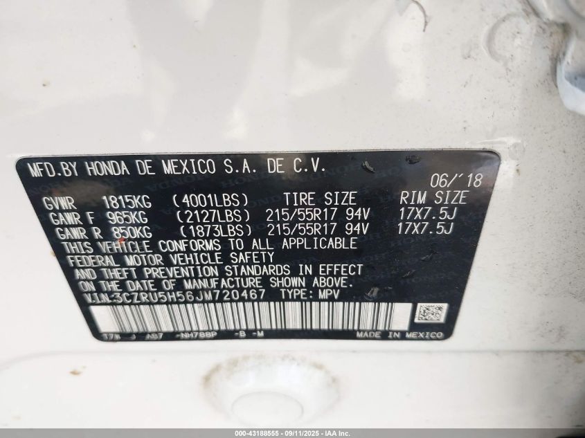 2018 Honda Hr-V Ex VIN: 3CZRU5H56JM720467 Lot: 43188555