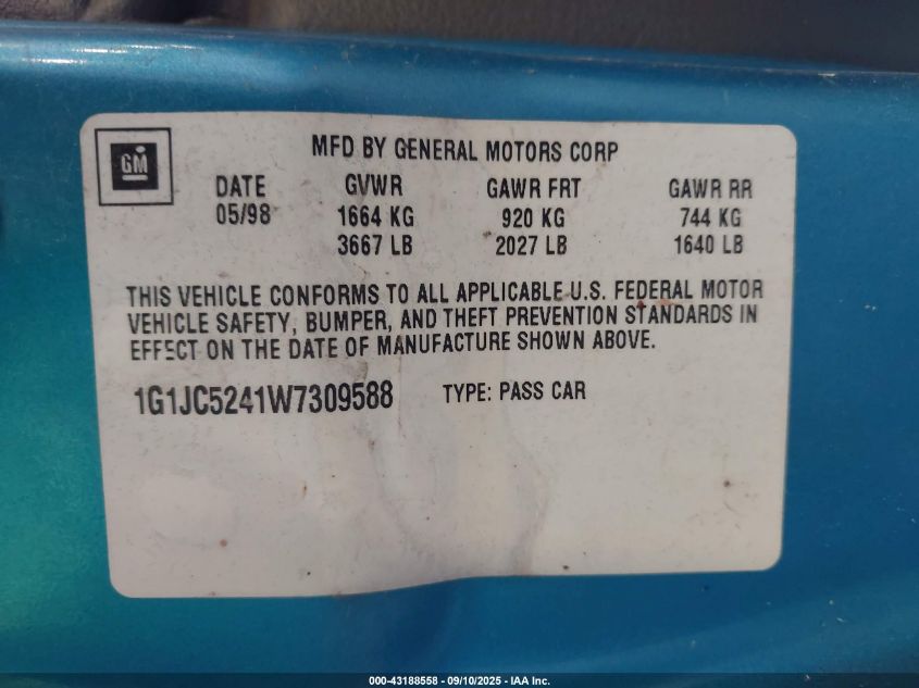1998 Chevrolet Cavalier VIN: 1G1JC5241W7309588 Lot: 43188558