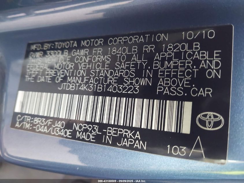 2011 Toyota Yaris VIN: JTDBT4K31B1403223 Lot: 43188589