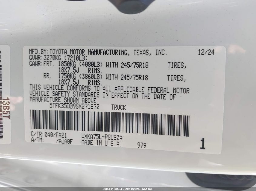 2025 Toyota Tundra Sr 4Wd VIN: 5TFKB5DB9SX271872 Lot: 43188594