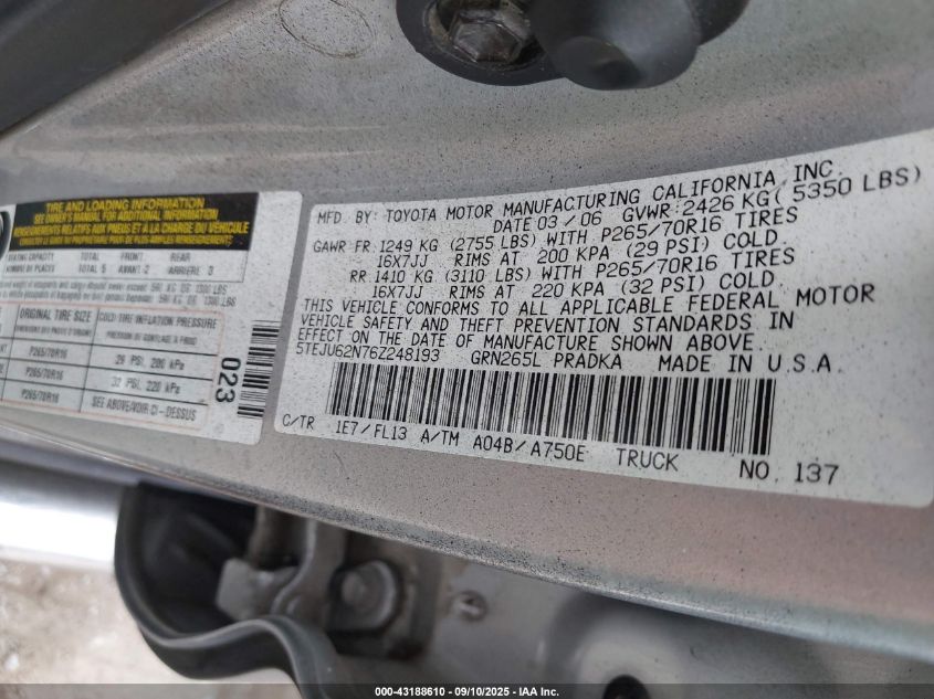 2006 Toyota Tacoma Prerunner V6 VIN: 5TEJU62N76Z248193 Lot: 43188610