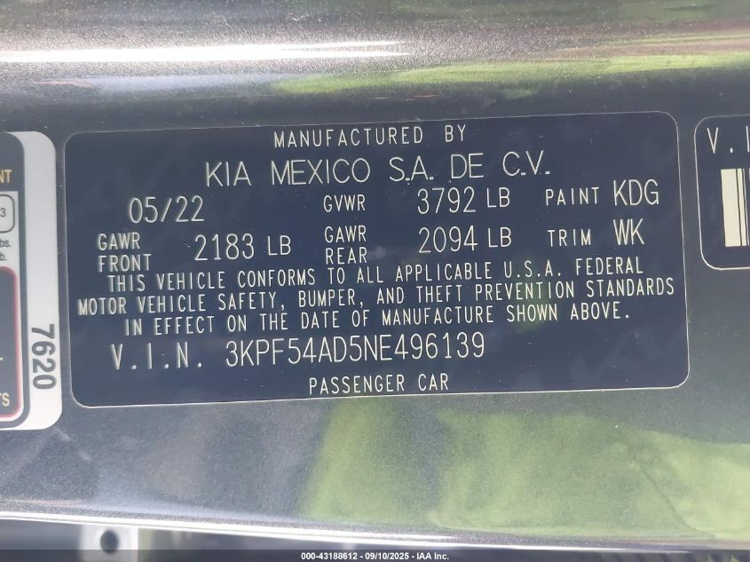2022 Kia Forte Gt-Line VIN: 3KPF54AD5NE496139 Lot: 43188612