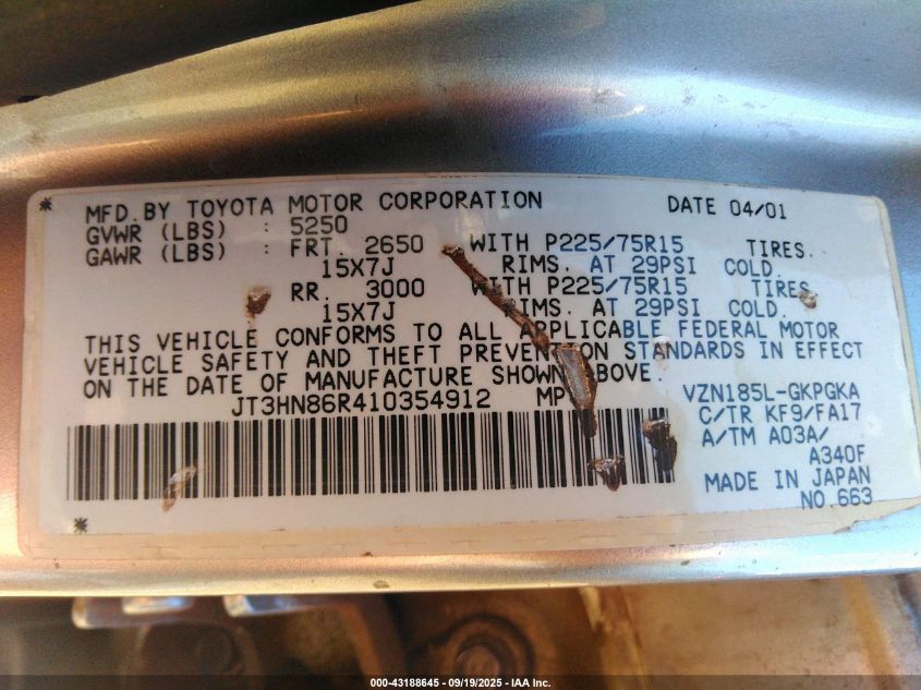 2001 Toyota 4Runner Sr5 V6 VIN: JT3HN86R410354912 Lot: 43188645