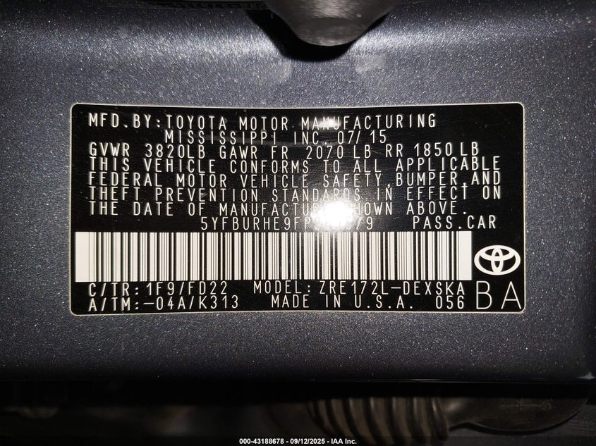 2015 Toyota Corolla S Plus VIN: 5YFBURHE9FP361579 Lot: 43188678