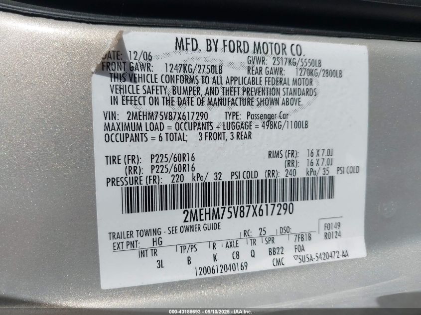 2007 Mercury Grand Marquis Ls VIN: 2MEHM75V87X617290 Lot: 43188693