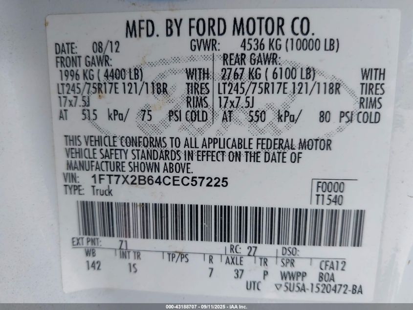 2012 Ford F-250 Xl VIN: 1FT7X2B64CEC57225 Lot: 43188707