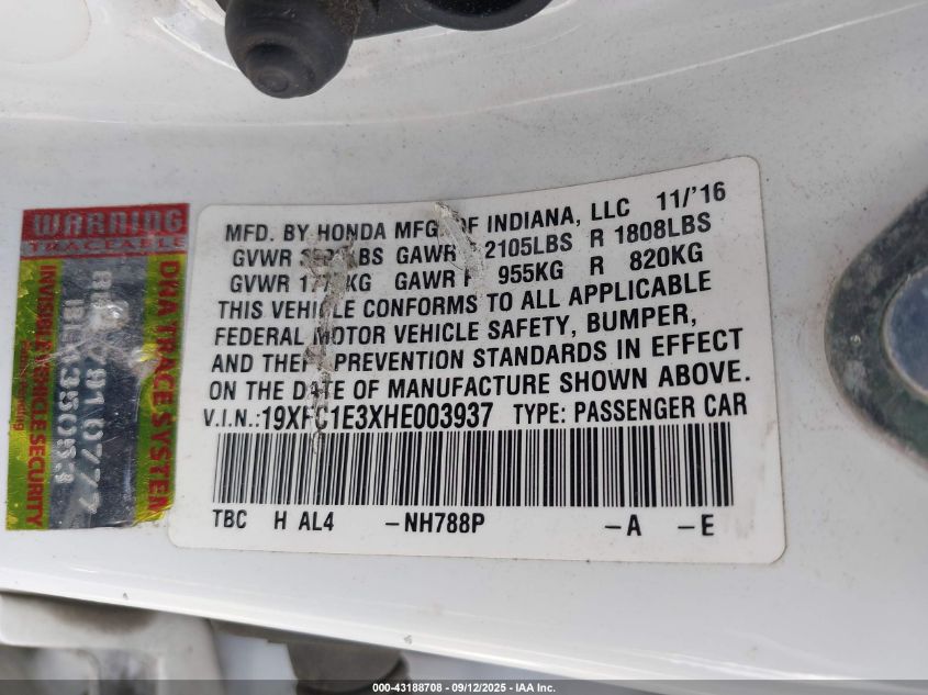 2017 Honda Civic Ex-T VIN: 19XFC1E3XHE003937 Lot: 43188708