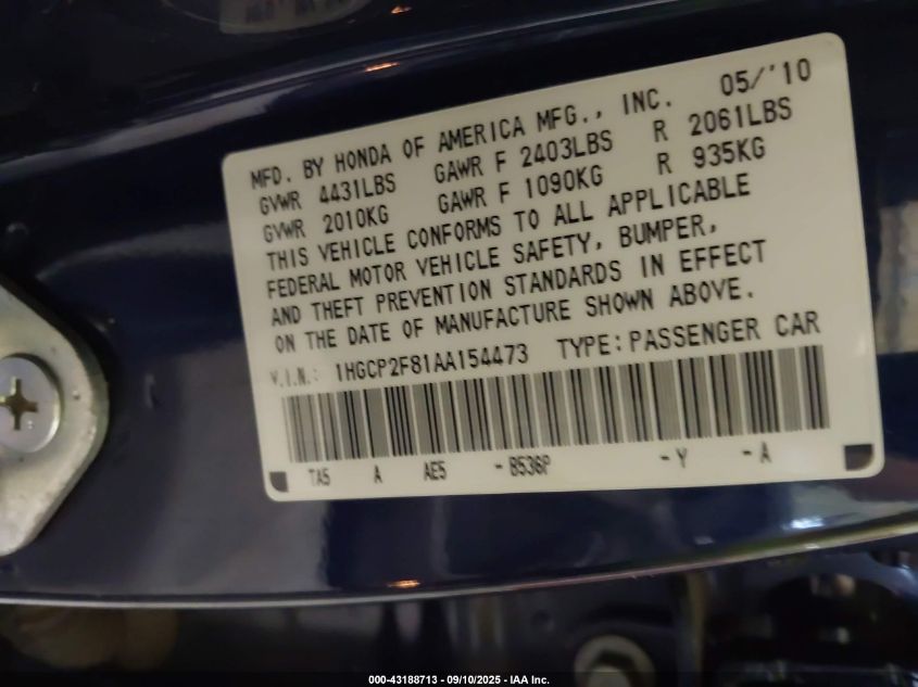 2010 Honda Accord 2.4 Ex-L VIN: 1HGCP2F81AA154473 Lot: 43188713