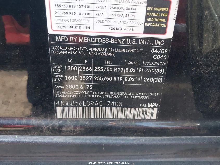 2009 Mercedes-Benz Ml 350 VIN: 4JGBB56E09A517403 Lot: 43188717