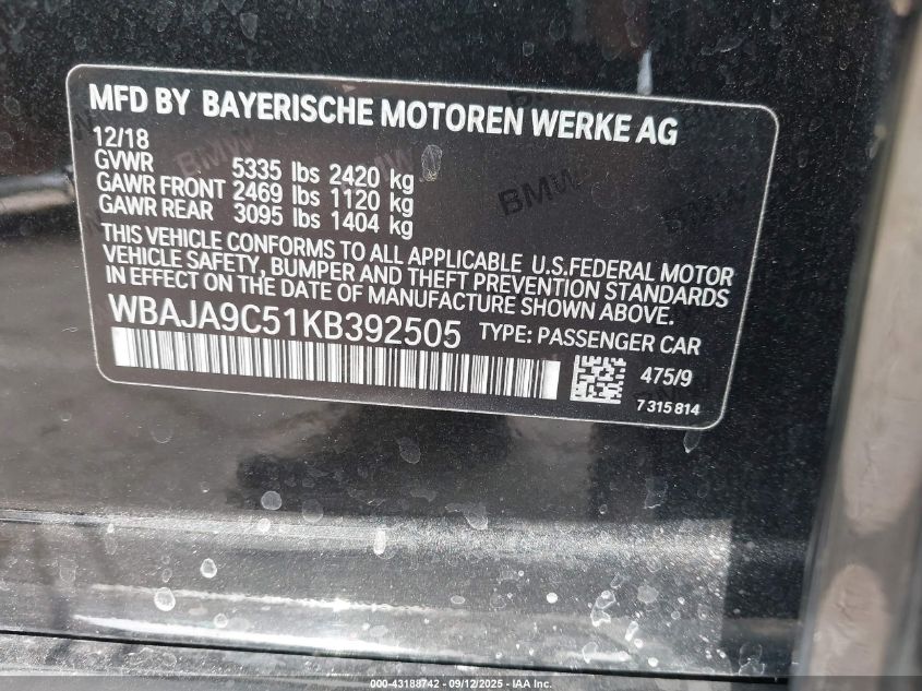 2019 BMW 530E Iperformance VIN: WBAJA9C51KB392505 Lot: 43188742
