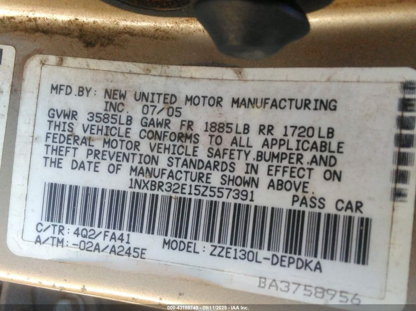 2005 Toyota Corolla Ce VIN: 1NXBR32E15Z557391 Lot: 43188749