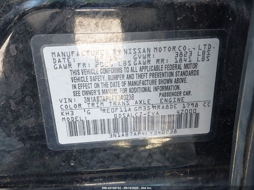 2015 Nissan Sentra S VIN: 3N1AB7AP4FY340238 Lot: 43188752