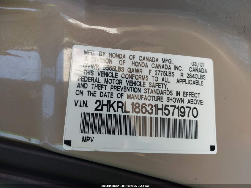 2001 Honda Odyssey Ex VIN: 2HKRL186318571970 Lot: 43188761