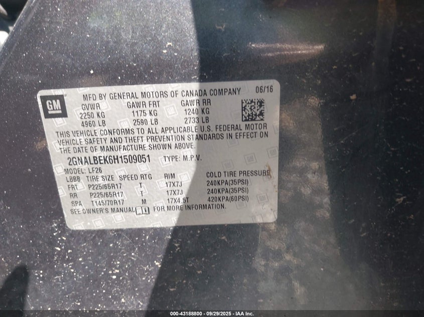 2017 Chevrolet Equinox Ls VIN: 2GNALBEK6H1509051 Lot: 43188800