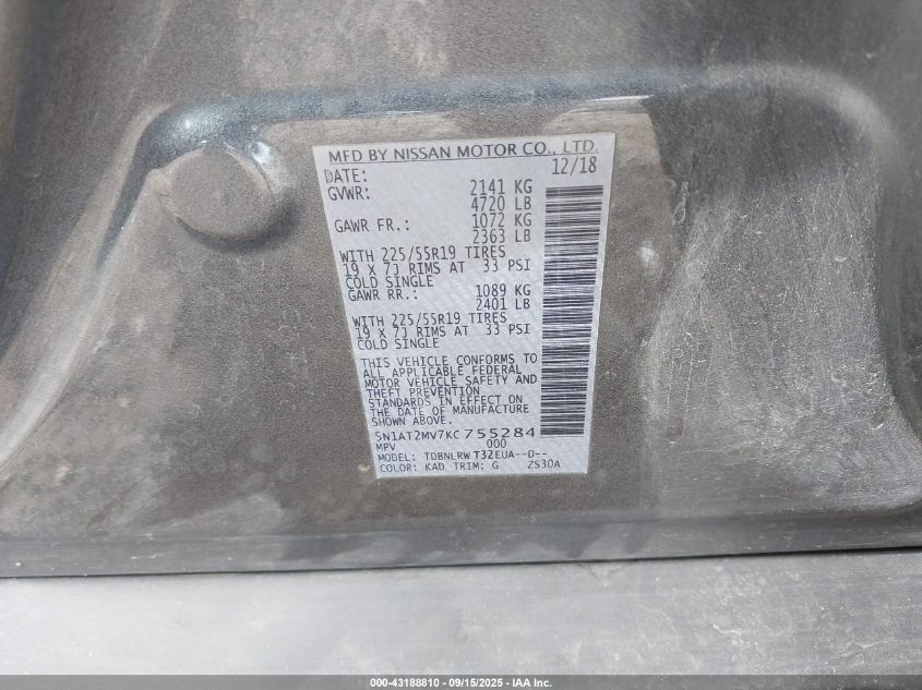 2019 Nissan Rogue Sl VIN: 5N1AT2MV7KC755284 Lot: 43188810