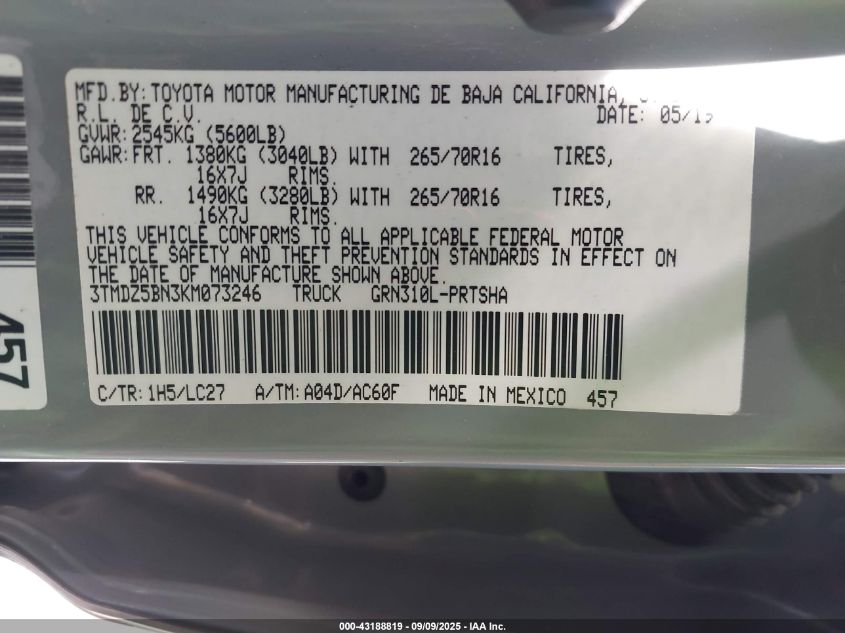 2019 Toyota Tacoma Trd Off Road VIN: 3TMDZ5BN3KM07324 Lot: 43188819