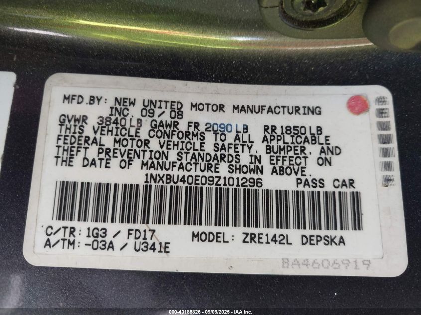 2009 Toyota Corolla S VIN: 1NXBU40E09Z101296 Lot: 43188826