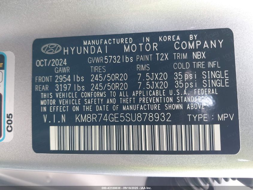 2025 Hyundai Palisade Calligraphy VIN: KM8R74GE5SU878932 Lot: 43188838