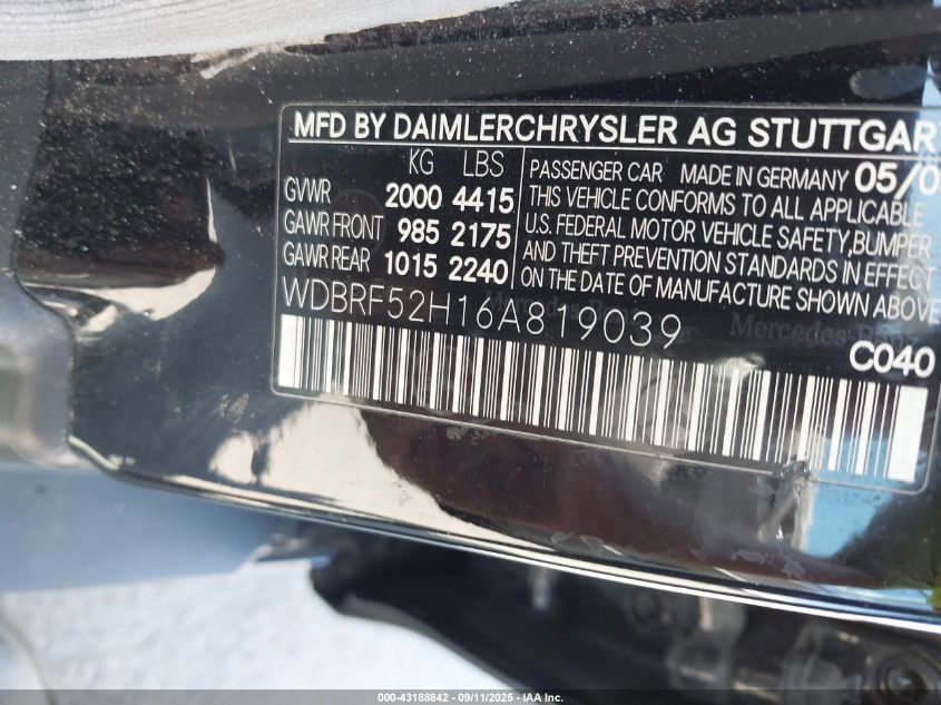 2006 Mercedes-Benz C 230 Sport VIN: WDBRF52H16A819039 Lot: 43188842