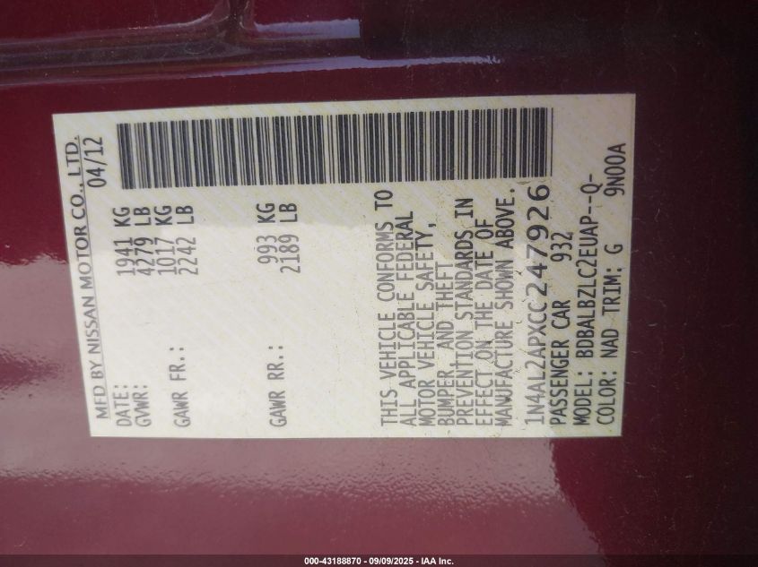 2012 Nissan Altima 2.5 S VIN: 1N4AL2APXCC247926 Lot: 43188870