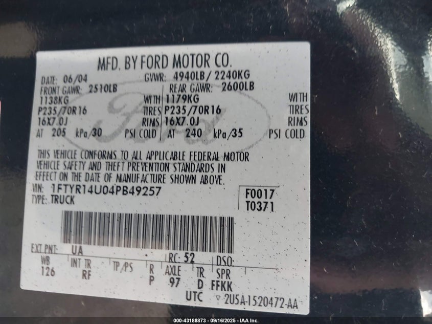 2004 Ford Ranger Edge/Tremor/Xl/Xlt VIN: 1FTYR14U04PB49257 Lot: 43188873