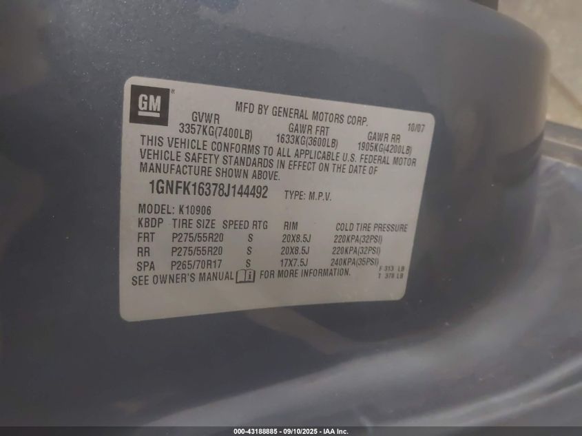 2008 Chevrolet Suburban 1500 Ltz VIN: 1GNFK16378J144492 Lot: 43188885