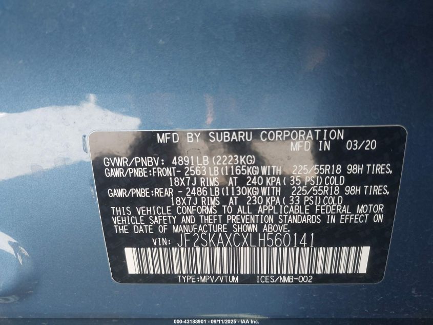 2020 Subaru Forester Touring VIN: JF2SKAXCXLH560141 Lot: 43188901