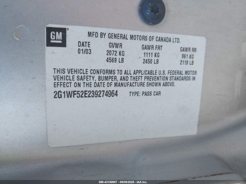 2003 Chevrolet Impala VIN: 2G1WF52E239274964 Lot: 43188907