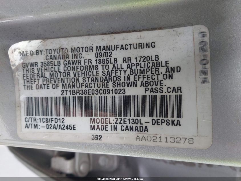 2003 Toyota Corolla S VIN: 2T1BR38E03C091023 Lot: 43188928