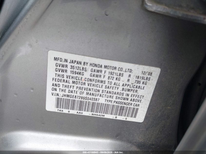 2009 Honda Fit VIN: JHMGE87299S040387 Lot: 43188943