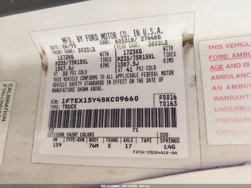 1995 Ford F150 VIN: 1FTEX15Y4SKC09660 Lot: 43188964