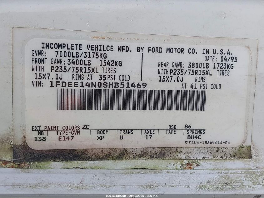 1995 Ford Econoline E150 Van VIN: 1FDEE14N0SHB51469 Lot: 43189000