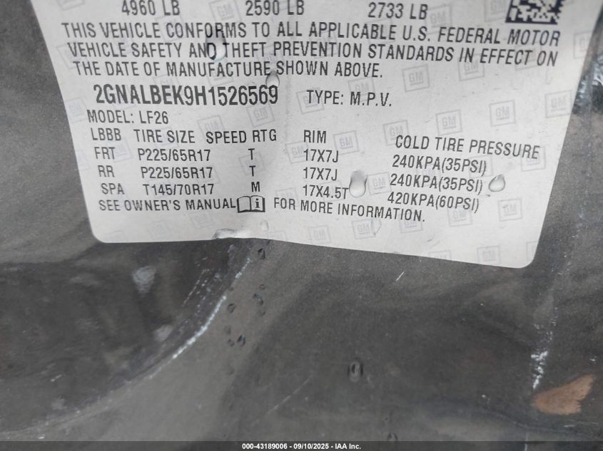 2017 Chevrolet Equinox Ls VIN: 2GNALBEK9H1526569 Lot: 43189006