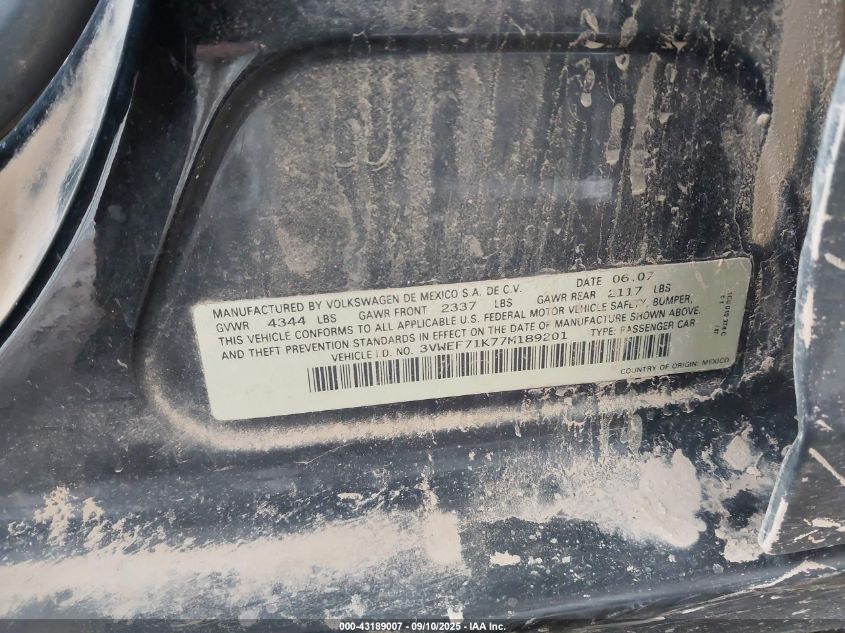 2007 Volkswagen Jetta Wolfsburg Edition VIN: 3VWEF71K77M189201 Lot: 43189007