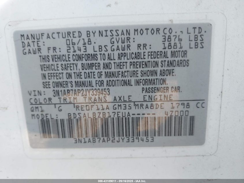 2018 Nissan Sentra S VIN: 3N1AB7AP2JY339453 Lot: 43189011