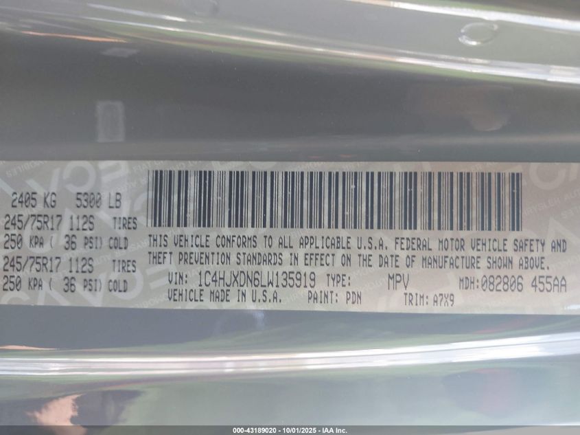 2020 Jeep Wrangler Unlimited Sport S 4X4 VIN: 1C4HJXDN6LW135919 Lot: 43189020